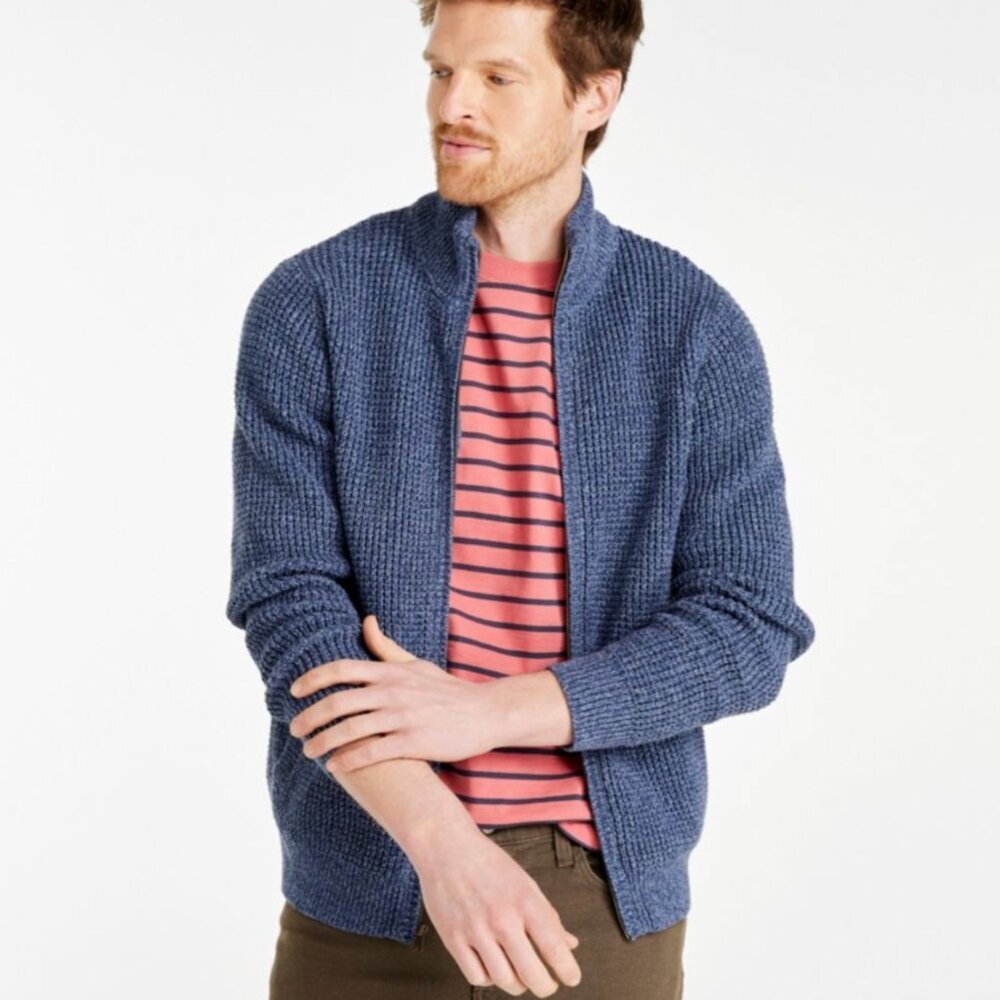 L.L. Bean Waffle Knit Full Zip Sweater Men's Large Blue Heavyweight Mock Neck